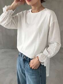 FRIFUL 女款圓領燒花刺繡休閒法式浪漫優雅百搭日常穿搭T恤 白色花卉 秋季早午餐度假款 - 白色 - 查看 3