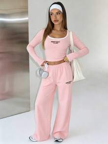 SHEIN 青少年女孩冬季穿搭上衣 2件/套 圓領甜美寬鬆輕便休閒修身短袖與長袖T恤 時髦畢業季六年級粉色 - 粉色 - 查看 3