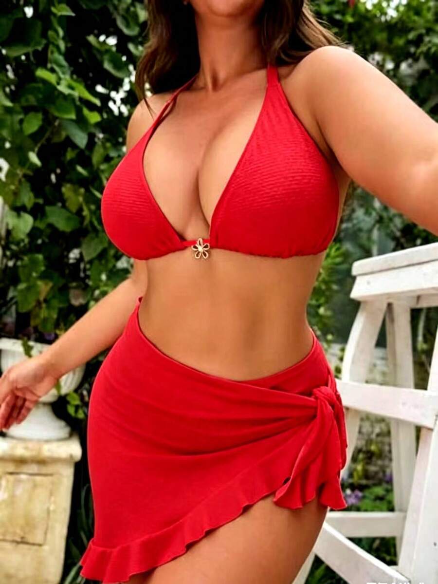 Swim Mod Conjunto de bikini halter para mujer talla grande - Rojo - Ver 1