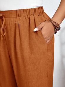 Shapeblank Plus Size Solid Color Casual Trousers With Elastic Waist And Diagonal Pockets Casual Summer Vacation Daily Going Out Pants For Women - Orange - View 8