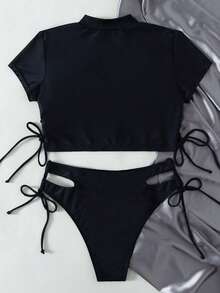 Vaytide Chất rắn Bộ Bikini Ngắn tay Áo thun & Cắt ra Cà vạt Đáy 2 mảnh Bộ đồ tắm - màu đen - Xem 7