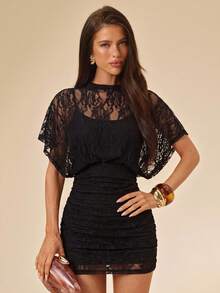 SHEIN BAE Schwarzes einfarbiges sexy Spitzen-transparentes gerafftes Mini-Bodycon-Kleid, ärmellos mit hohem Kragen und drapierter Gestaltung, geeignet für Party, Cocktail, Nachtclub-Anlässe, Frühling/Sommer Damenkleid, Damen Sommerkleid - Schwarz - Übersicht 4