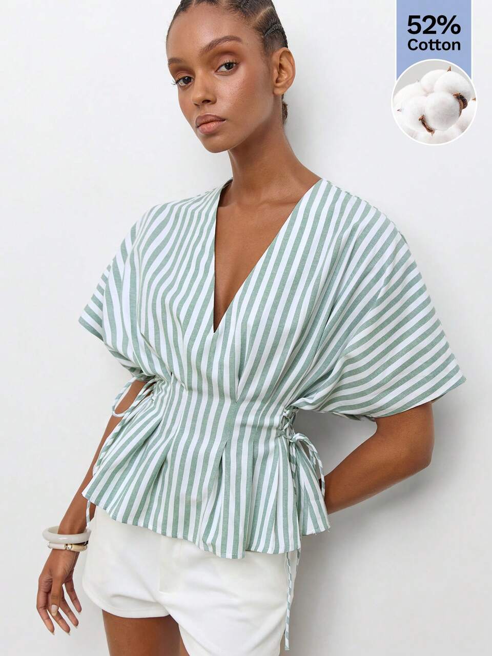 SHEIN Maija Chemise à col V rayée verte pour femmes, été