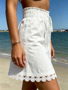 Roelina Women's Solid Color Vacation Style Drawstring Lace Trim High Waist Skirt Beach White Summer Cute Casual - White - View 6