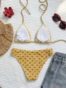 Swim Vcay 女士夏季蓝色调扇形印花新款性感露背低腰三角比基尼套装 - 黃色 - 查看 2
