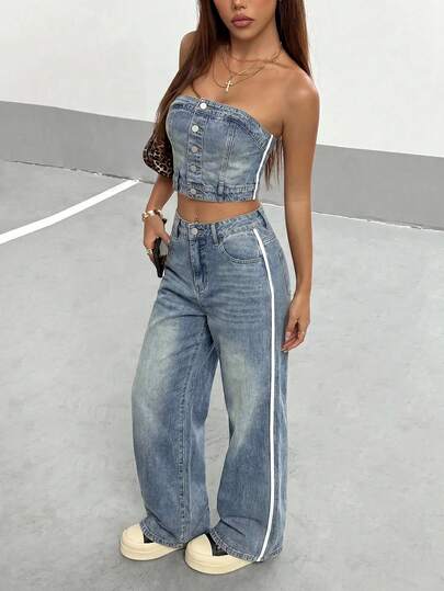 SHEIN Bộ denim nữ phong cách Mỹ màu xanh nhạt, áo quây denim, phong cách thường ngày đa năng cho lễ hội âm nhạc và kỳ nghỉ hè