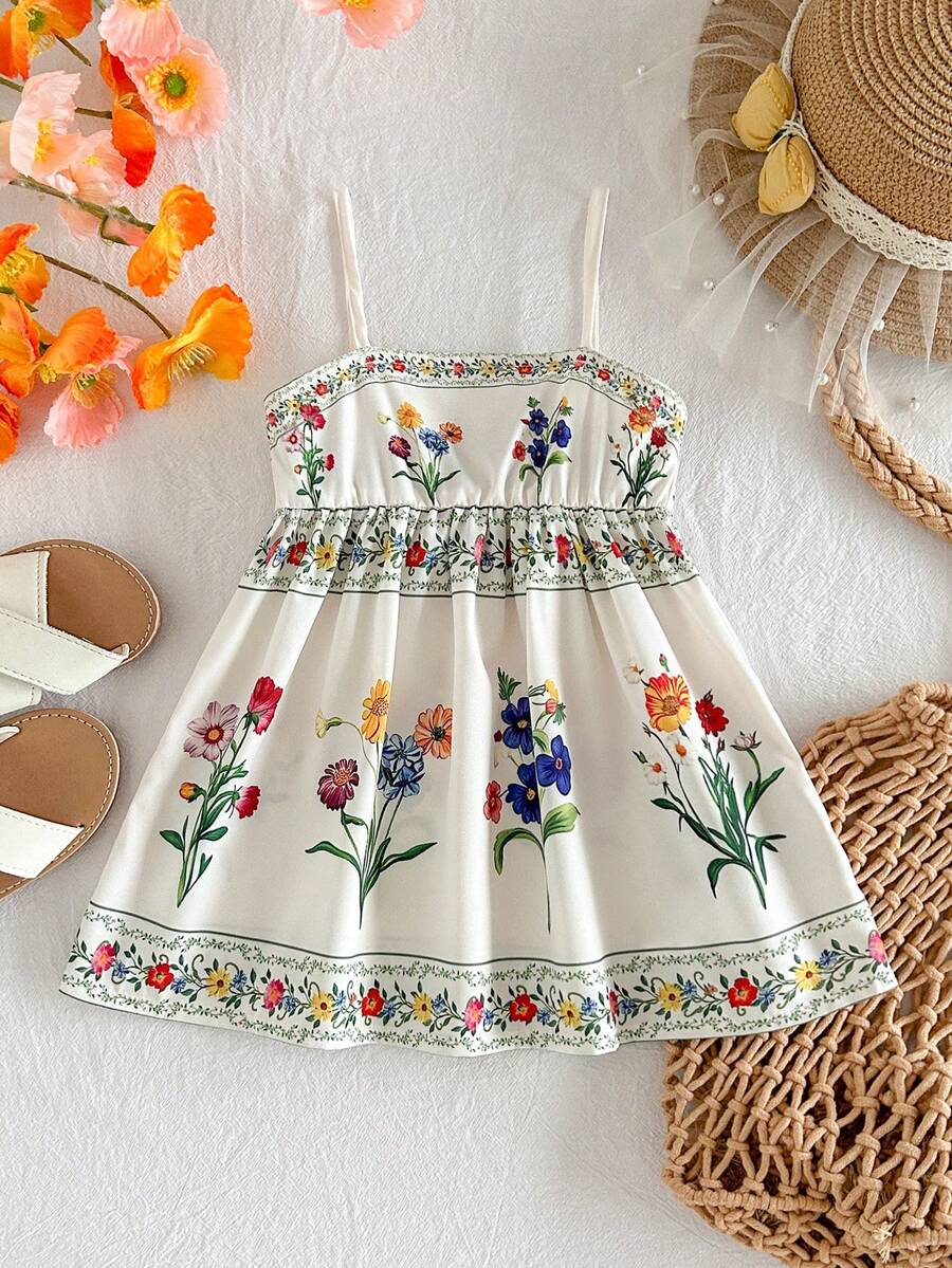 Travachic KIDS Travachic KIDS 女嬰可愛休閒花卉印花細肩帶洋裝，適合度假 - 白色 - 查看 1
