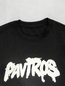 PAVTROS 男士字母印花短袖T恤與條紋抽繩腰短褲休閒套裝，度假風 - 黑色 - 查看 4
