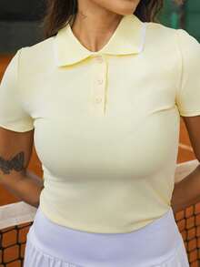 Maju Mazalli Women's Minimalist Versatile Button-Up Short Sleeve Sports Polo Shirt - Yellow - View 6