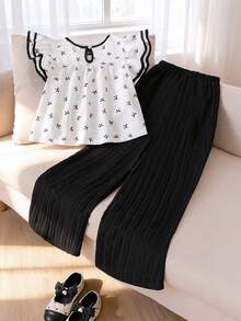 SHEIN Elladie kids 2件組 青少年女孩春夏新款休閒通勤裝，白色圓領波浪條紋蝴蝶結裝飾寬鬆飄逸袖上衣，搭配簡約百搭黑色梭織直筒長褲，適合日常外出 - 黑與白 - 查看 2