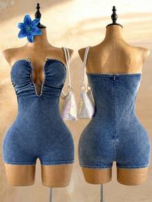Soleia Women's Cutout Design Pleated Sexy Bandeau Denim Romper Summer Outfits Beach Jumpsuit Going Out Outfits Holiday Outfits Country Concert Outfit - Medium Wash - View 2
