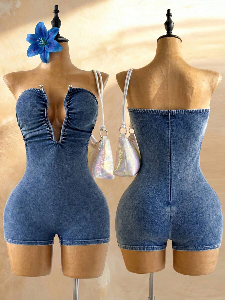 Soleia Women's Cutout Design Pleated Sexy Bandeau Denim Romper Summer Outfits Beach Jumpsuit Going Out Outfits Holiday Outfits Country Concert Outfit