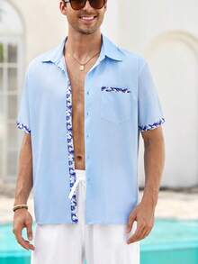 Mercer Haus Men's Floral Printed Button Pocket Short Sleeve Hawaiian Shirt For Summer - Baby Blue - View 6