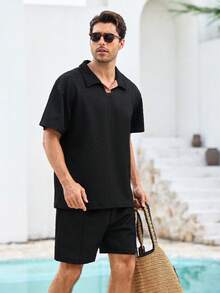 Mercer Haus 男士休闲通勤及居家服套装，纯色透气运动菱形图案，百搭 - 黑色 - 查看 6