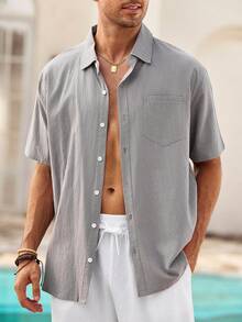 Mercer Haus Hawaiian Style Linen Loose Casual Men's Henley Collar Short Sleeve Shirt - Grey - View 6