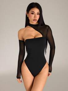 SHEIN PETITE Women's Mesh Patchwork Fitted Versatile Daily Wear Bodysuit - Black - View 6