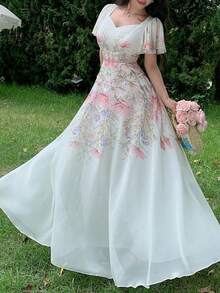Modelyn Robe femme col V manches à volants taille cintrée évasée imprimé placé - Multicolore - Voir 3