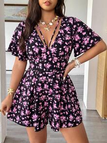 Vionelle Plus Size Spring/Summer Casual Floral Print Versatile Romper - Pink - View 3