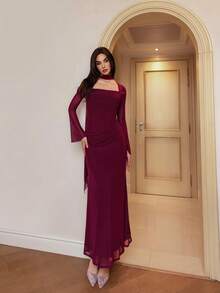 Modelyn Women's Solid Color Flare Sleeve Fitted Elegant Dress - Burgundy - View 6