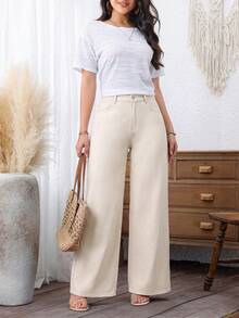 EMERY ROSE Plus Size Women's Loose Casual Denim Wide Leg Pants With Pockets - Beige - View 7