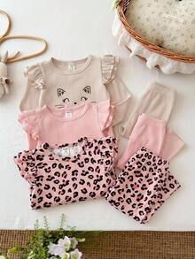 SHEIN LMoss Kids Conjunto de 3 piezas para bebé niña, top casual de punto de color liso con estampado de leopardo y patrón lindo, cuello redondo y bajo con volantes, estilo grueso, adecuado para otoño/invierno - Multicolor - View 10