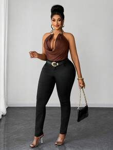 Maweii Plus Size Women's Solid Color Draped Neck Ruffle Casual Versatile Daily Bodysuit - Brown - View 6