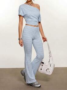 Rina Fox Women's Striped One-Shoulder Batwing Sleeve Top And Flare Pants Casual Set - Blue - View 6