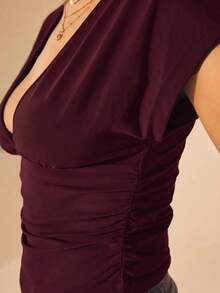 Aralina Women's Solid Color Deep V-Neck Ruched Fitted Versatile Casual T-Shirt - Burgundy - View 3