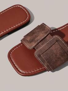 Styleloop Sandal Datar Wanita Musim Panas Sandal Liburan Bohemian Ujung Terbuka Sandal Selop Bersol Lembut - Coklat + Kulit - View 8