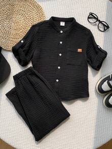 SHEIN 兒童小男孩單排扣短袖襯衫與長褲休閒日常套裝 - 黑色 - 查看 5