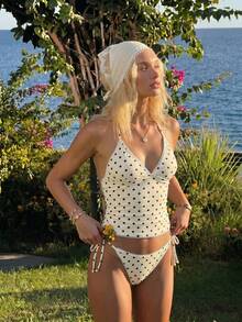 Swim Mod Summer Sweet Cherry Plaid Tank Bikini Set - Light Yellow - View 8