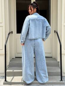 Muchica Plus Size Women's Long Sleeve Single-Breasted Shirt And Wide Leg Jeans Casual 2 Pieces Set - Baby Blue - View 2