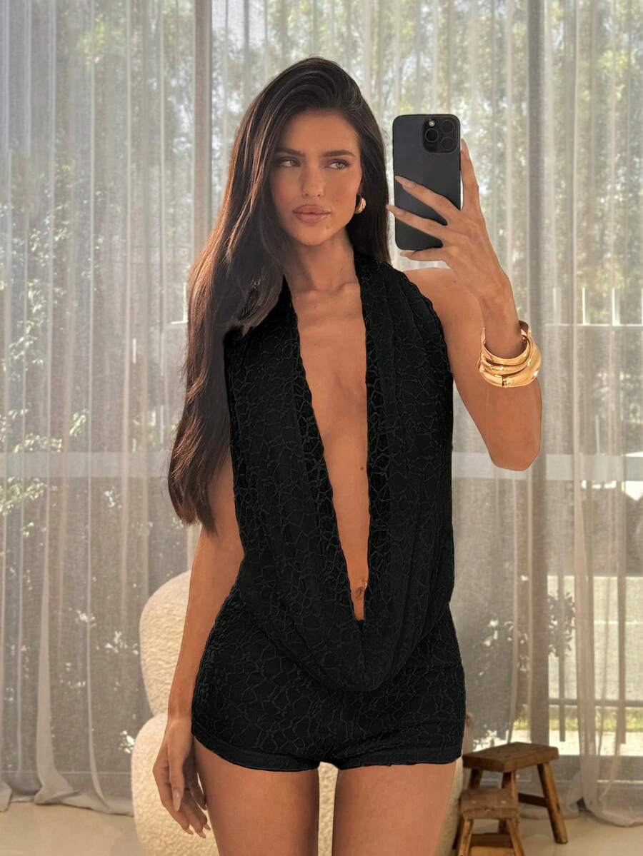 SHEIN ICON Vestido de verano Y2K para mujer, para salir, cumpleaños, espalda descubierta, encaje, cuello halter con lazo, escote pronunciado, sexy y casual - Negro - Ver 1