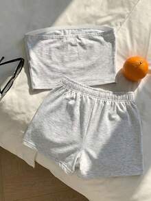 Comfortcana 95%棉夏季休閒海軍藍女款花卉圖案兩件套 - 淺灰色 - 查看 2