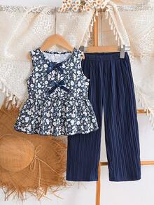 SHEIN Elladie kids 女童新款清新田園風細碎花兩件套，粉色蝴蝶結裝飾無袖背心上衣 + 粉色紋理布料寬腿長褲，甜美可愛時尚日常穿搭，夏季 - 藍色 - 查看 5