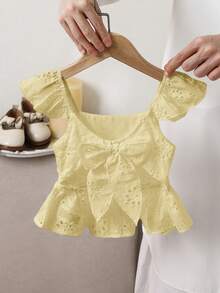 SHEIN LMoss Kids 女童刺繡蝴蝶結背心上衣，百搭夏季度假穿搭 - 芥末黃 - 查看 8