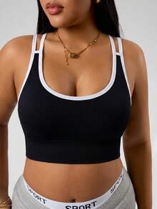 SHEIN Sports Women's Plus Size Colorblock Everyday Fitness Sports Bra - Black - View 3