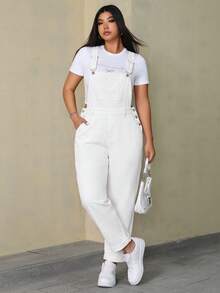 SHEIN ICON 大尺碼女款純色口袋鈕扣設計休閒牛仔連身褲 - 白色 - 查看 1