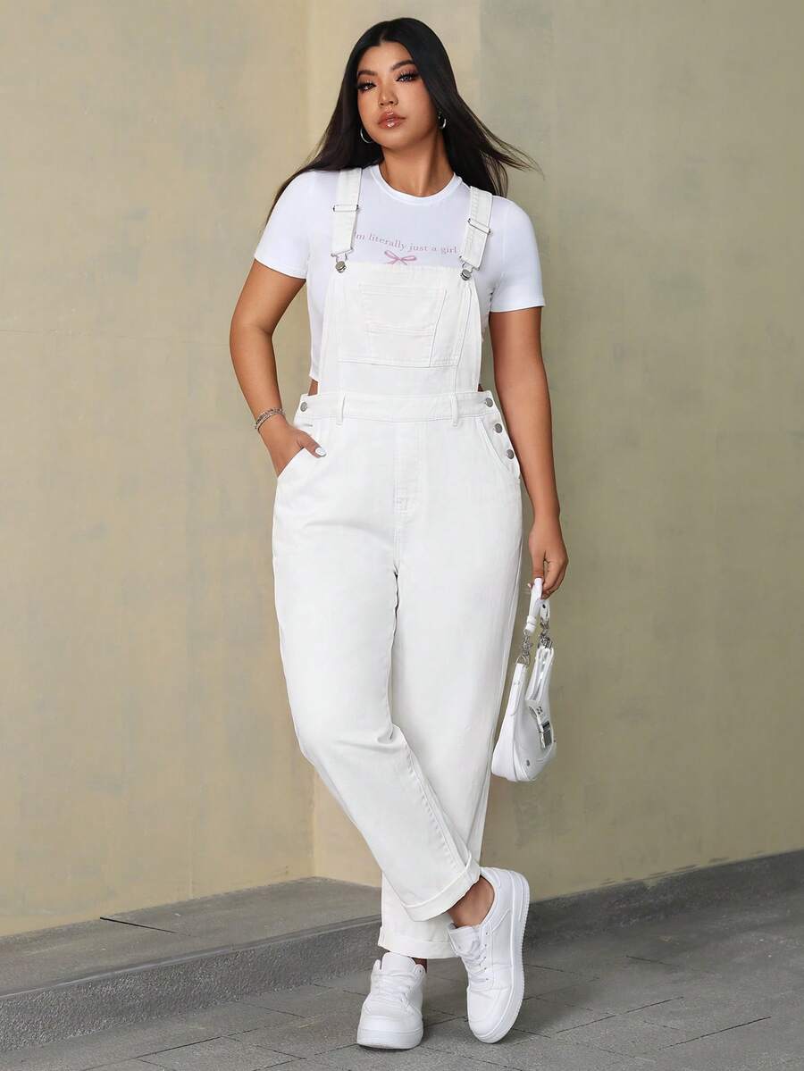 SHEIN ICON 大尺碼女款純色口袋鈕扣設計休閒牛仔連身褲 - 白色 - 查看 1