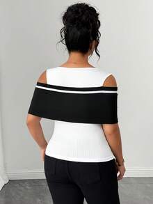 Elenzga Plus Size Women's Elegant Color Block Off-Shoulder Black & White Striped Elastic Fitted Top, Black & White Top, Party Dress, Spring/Summer Top, Beach Wear, Elegant Party Top, Casual Top, Wedding Guest Top, Women's Luxury Evening Gown, Women's Vacation Wear, Women's Graduation Top, Women's Birthday Top, Summer Holiday Wear, Women's Office Commute Wear, Women's Country Style - Black and White - View 2