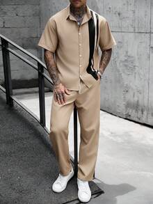 Manfinity CasualCool 男士純色單排扣短袖襯衫與長褲休閒日常七分褲套裝 - 卡其色 - 查看 1