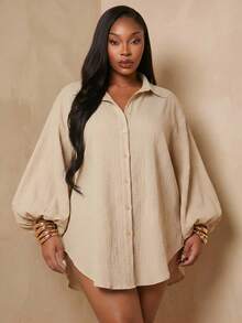 Radiana Curve Plus Size Women's Solid Color Dropped Shoulder Long Sleeve Single Breasted Casual Smart Casual Shirt Holiday Khaki Autumn Fall Gym Vacation Brunch - Khaki - View 1