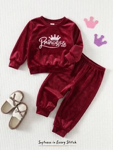Cozy Pixies 女嬰字母皇冠刺繡天鵝絨圓領長袖套頭衛衣與彈性腰長褲2件套幼兒女童服飾，舒適百搭時尚可愛休閒簡約基礎款，適合秋冬室內、戶外、滑雪、開學、日常、運動、玩耍、派對、節慶等多種場合 - 酒紅色 - 查看 3