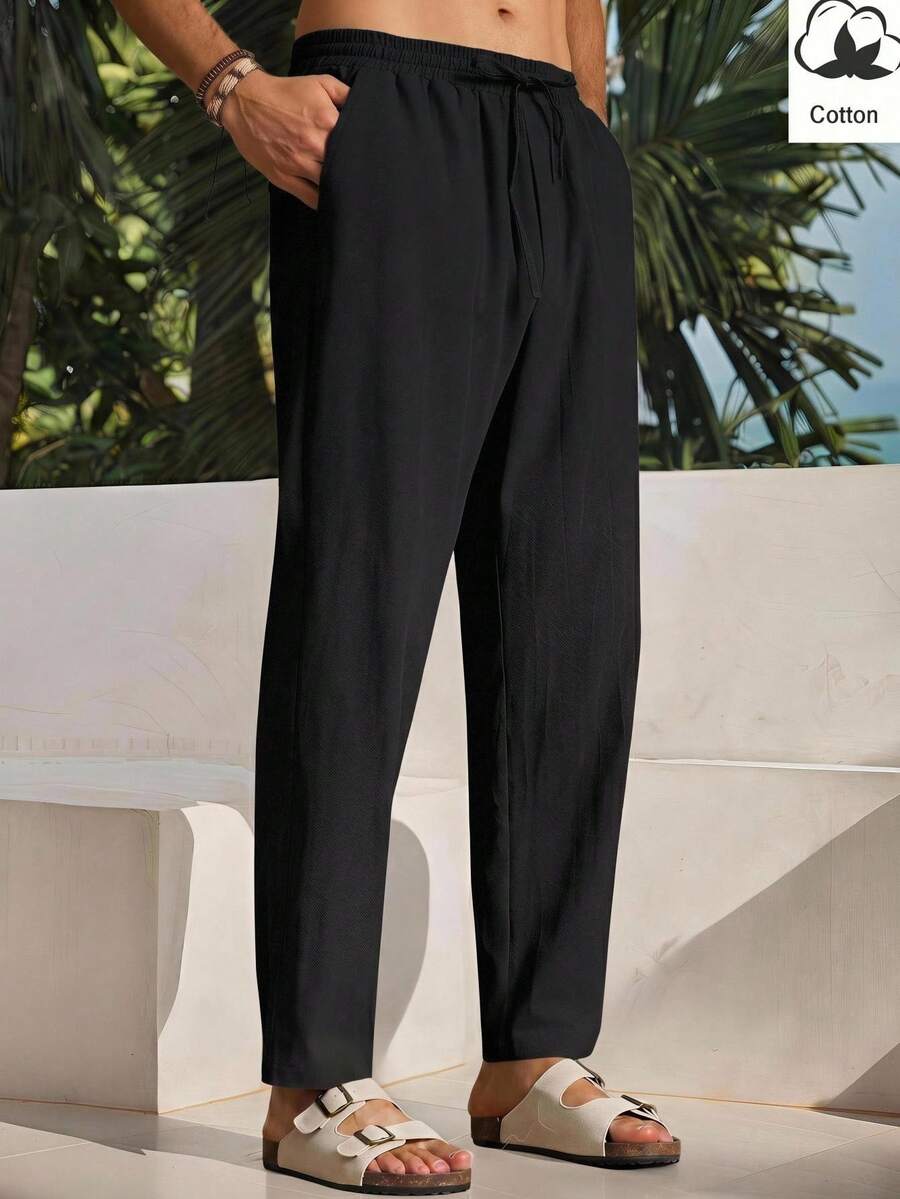 HIMLAND Men's Woven Fashion Daily Young Casual Business Solid Color Long Pants - Black - View 1