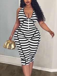 Slaydiva Jumpsuit Wanita Ukuran Plus Tanpa Lengan Model Halter Warna Hijau Alpukat Terbaru Musim Semi/Panas dengan Simpul Ikat, Leher V Dalam, dan Potongan Sebagian, Terbuat dari Kain Rajut Bergaris Elastis Tinggi - Hitam dan Putih - View 2