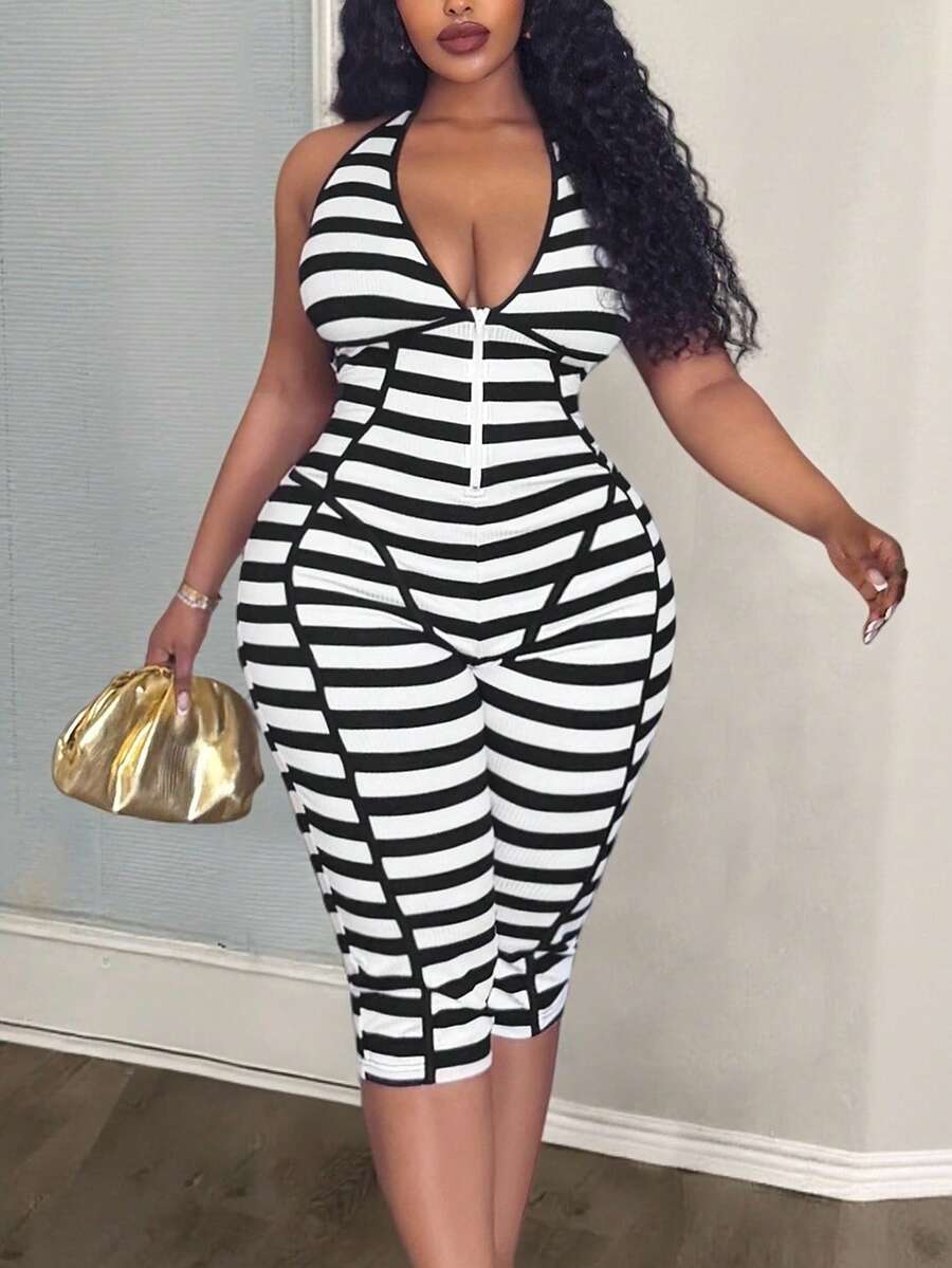 Slaydiva Jumpsuit Wanita Ukuran Plus Tanpa Lengan Model Halter Warna Hijau Alpukat Terbaru Musim Semi/Panas dengan Simpul Ikat, Leher V Dalam, dan Potongan Sebagian, Terbuat dari Kain Rajut Bergaris Elastis Tinggi