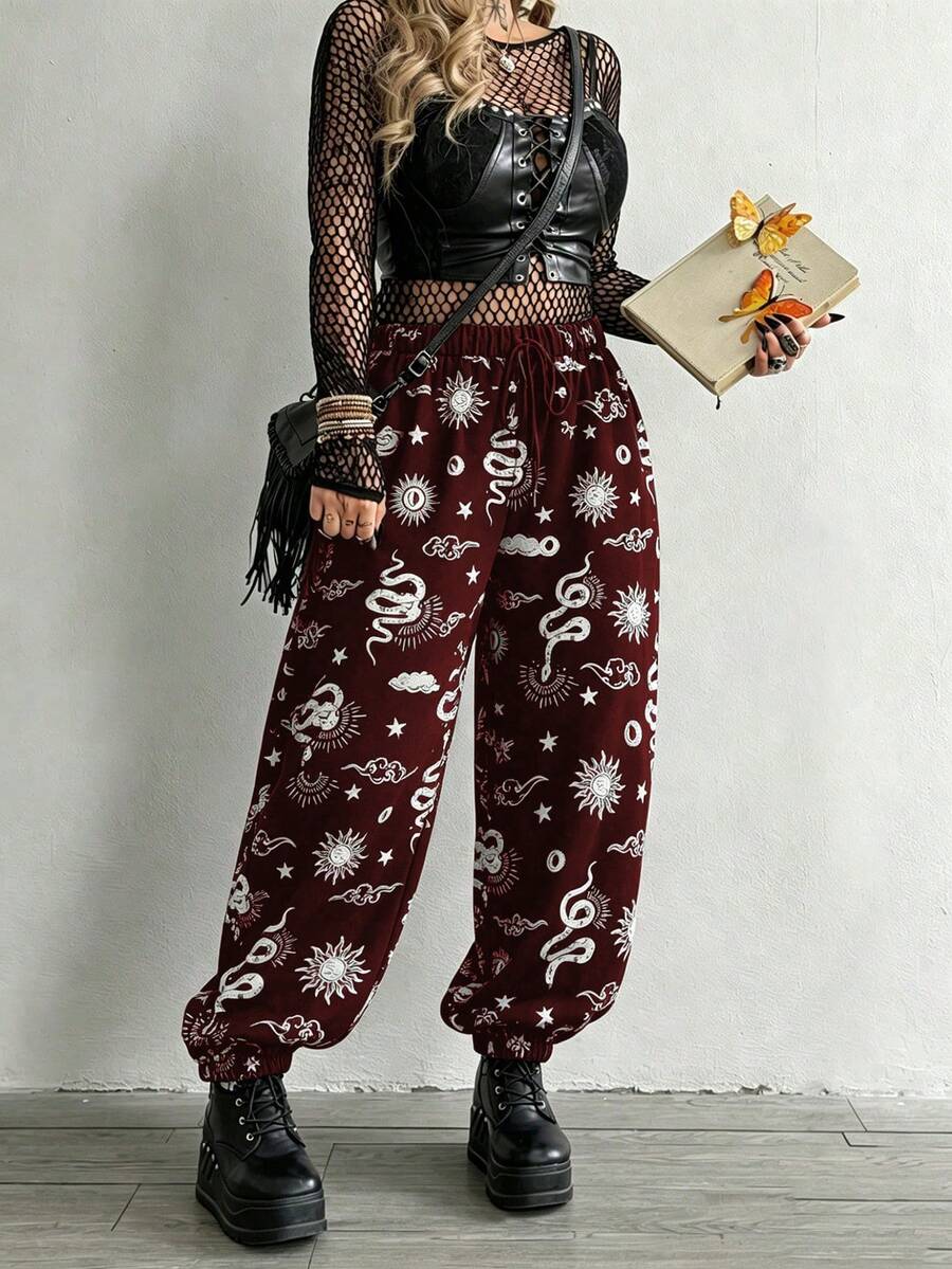 Whyspr Plus Size Dark Style Patchwork Printed Loose Pants Fall - Multicolor - View 1