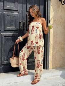 SHEIN Maternity Casual Fish Print Camisole And Pants 2 Pieces Set - Multicolor - View 3