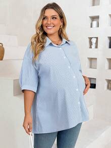 Plussiva Top Casual Listrada Plus Size para Gestantes - Azul - Visão 3