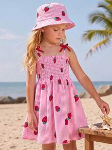 SHEIN Girls' Strawberry Print Sleeveless Dress,Pastel Pink Pink & White Striped Pattern,Summer Beach Holiday Sweet & Lively For Spring/Summer Outings - Pink - View 1